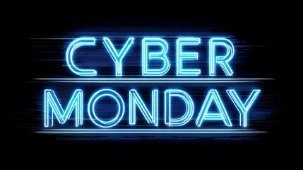 Dynamic blue neon 'Cyber Monday' glowing text with futuristic digital lines, perfect for sales promotions