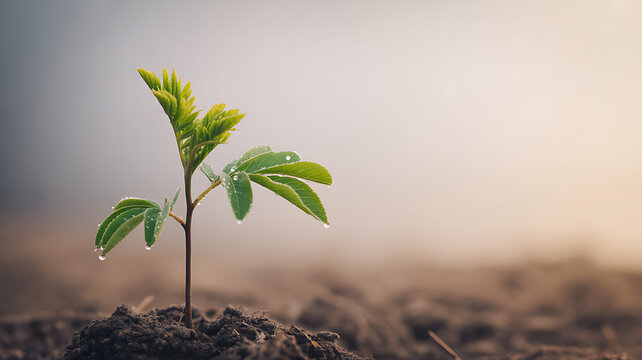 A young green plant growing from soil with water droplets on leaves