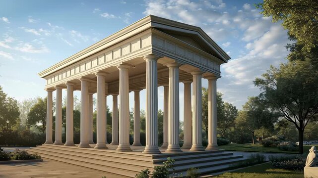 A large building with columns and a statue in front of it. The building is surrounded by trees and bushes. Elegant greek-style structure with ionic columns large size