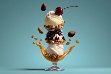 Delicious ice cream sundae with layers of vanilla and chocolate ice cream, topped with nuts, hot fudge, and cherry, creating delightful treat