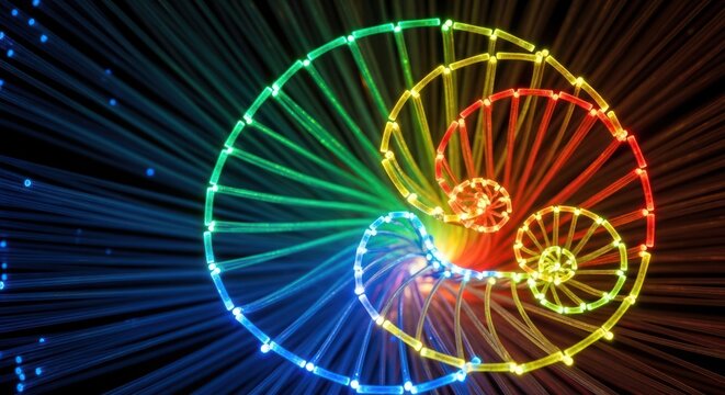 Vibrant neon spiral pattern with multicolored lines on a dark