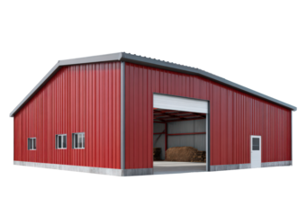 Red barn on farm with hay bales and industrial metal architecture on transparent background