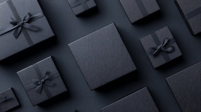 Elegant black gift boxes with satin ribbons scattered on a dark textured surface