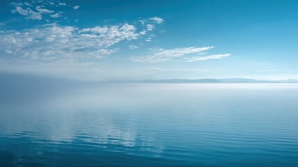 Obraz premium Blue fog envelops a serene sea, creating an atmosphere of calm at dawn over the quiet waters stretching to the distant mountains