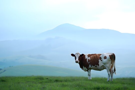 A cow grazing in a lush green field with mountains in the misty background scenic view