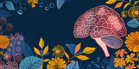 Creative Brain Illustration with Floral Elements – Mental Health and Nature Connection Art
