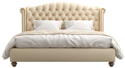 Elegant cream upholstered bed with button tufting and soft bedding setup