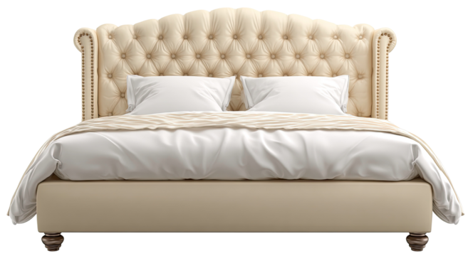 Elegant cream upholstered bed with button tufting and soft bedding setup