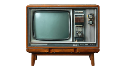 Vintage wooden television set with analog dials and a blank screen