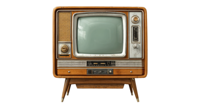 Vintage television set with wooden cabinet on black background isolated