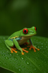 red-eyed tree frog on wet green leaf