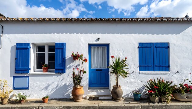 Charming coastal cottage with blue shutters and door. - Powered by Adobe