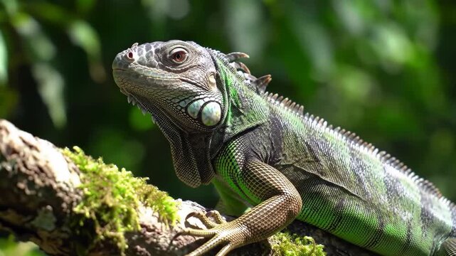 Green iguana perches on a mossy branch, with blurred green forest background, for animal biology or reptile education