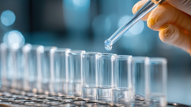 Lab technician pipetting liquid into row of test tubes in modern laboratory setting