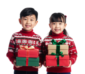 Two Asian children in red Christmas sweaters holding gift boxes with ribbons, isolated on transparent background