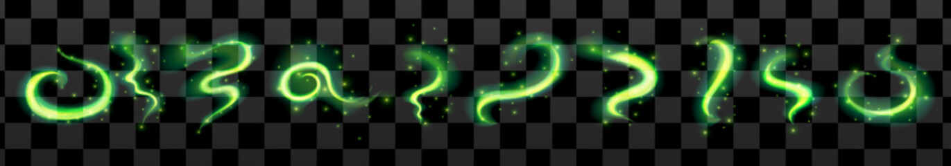 Magic green swirl light effect. Green wind shine magic wave. Whirlwind neon flow splash. Mesh vector illustration