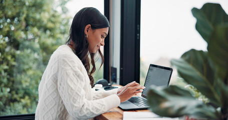 Woman, email or remote work in home with laptop for HR support, payroll or benefits administration....