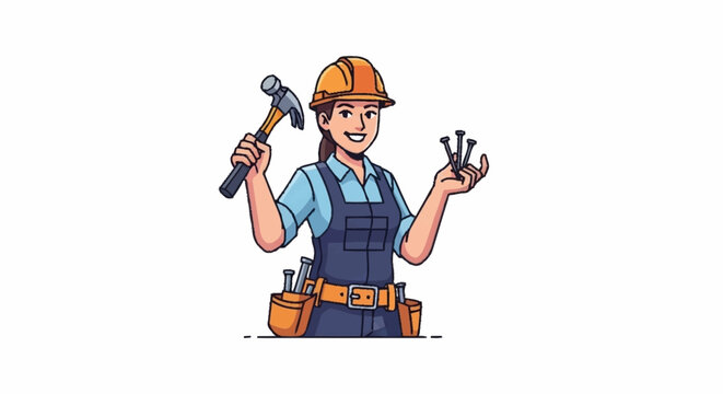 Skilled craftswoman ready to build with hammer and nails, wearing a hard hat and tool belt for home renovation and construction projects