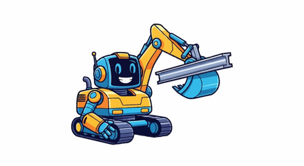 Fototapeta premium Cheerful excavator robot with a friendly face, perfect for children's books or educational materials about construction and technology projects