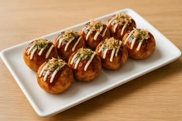 takoyaki on rectangular white plate