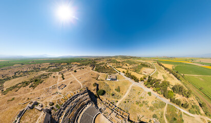Balat, Didim, Turkey. Detailed aerial perspective of Miletus Theatre amphitheater highlighting...