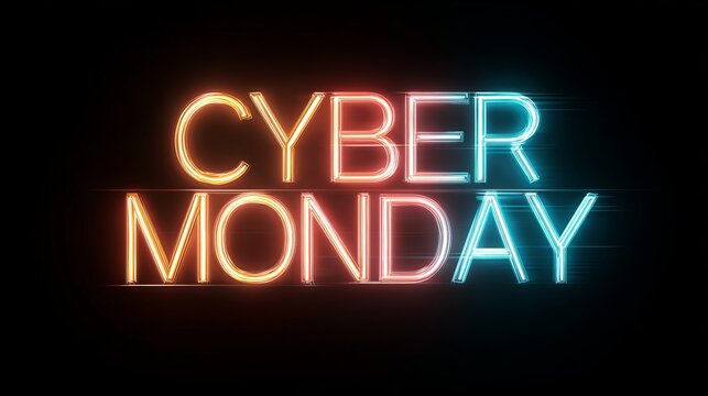 Vibrant neon lights spell out CYBER MONDAY in glowing orange and blue, perfect for holiday sales promotions