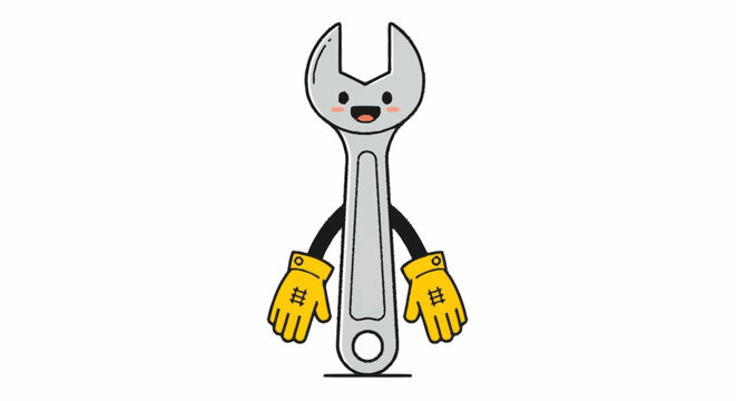 Cute cartoon wrench character wearing safety gloves ready to fix things, ideal for construction, handyman services, or DIY projects promotion