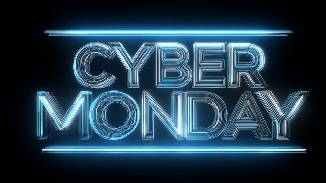 Dynamic neon Cyber Monday text glows with electric blue energy against a dark background, perfect for promotions