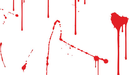 Blood splatter graphic with drips splatters and a large bloodstain Isolated on white