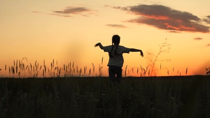 Sunset horizon glow, silhouette little daughter, child runs with toy plane, dreaming of flight freedom, superhero spirit alive, becoming a pilot someday, hand holding and play, outdoor sky and field
