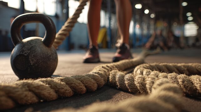 Weight training session with kettlebell and battle rope at a gym in the afternoon