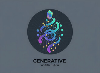 Abstract Digital Illustration of Generative Workflow with Gear and Crystal.