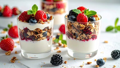 Healthy Yogurt Parfait With Fresh Berries and Granola Layered in Clear Glasses with Mint Garnish and Scattered Fruits on White Surface