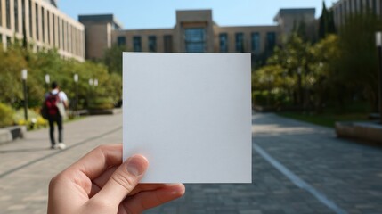 Blank flyer mockup held by a student on a sunny college campus during a busy afternoon with trees and buildings in the background
