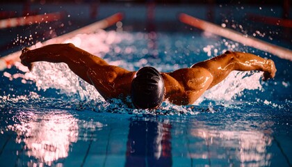 Glistening Power Muscular Swimmers Symmetrical Butterfly Stroke in Dramatic Pool Light.