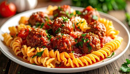 Hearty Italian Meatballs and Pasta on a Rustic Wooden Table Garnished with Parsley and Parmesan Cheese