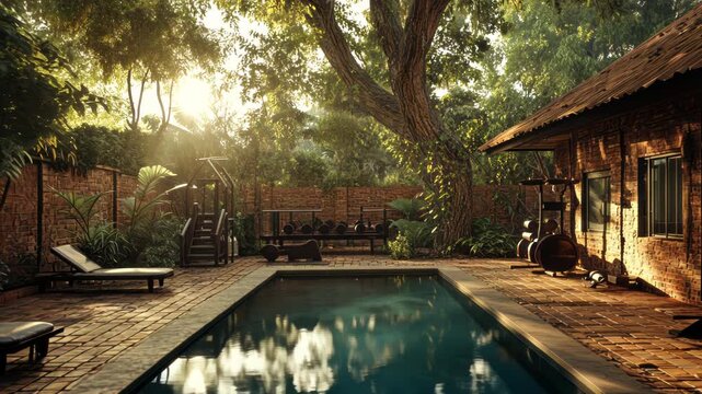 A tranquil outdoor space with a pool, workout area, and brick building, bathed in sunlight