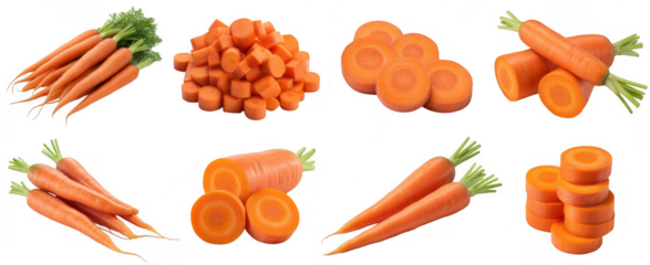 Orange root vegetables with green tops isolated on a transparent background