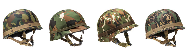 camouflage helmets, military helmets on white background.