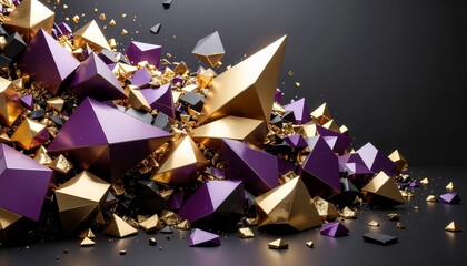 Luxurious Geometric Crystals A Cascade of Gold Purple and Black Faceted Gems.