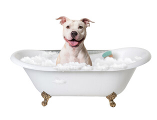 happy dog in bathtub with bubbles, isolated on background