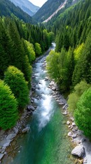 High Angle View Of A Rushing River Flowing Through A Lush Green Forest Valley With Tall Trees And Rocky Banks Under A Bright Sunny Sky