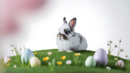 A small white and gray bunny sits on a grassy hill surrounded by colorful Easter eggs and spring flowers.