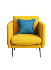 yellow armchair with blue pillow on white background.