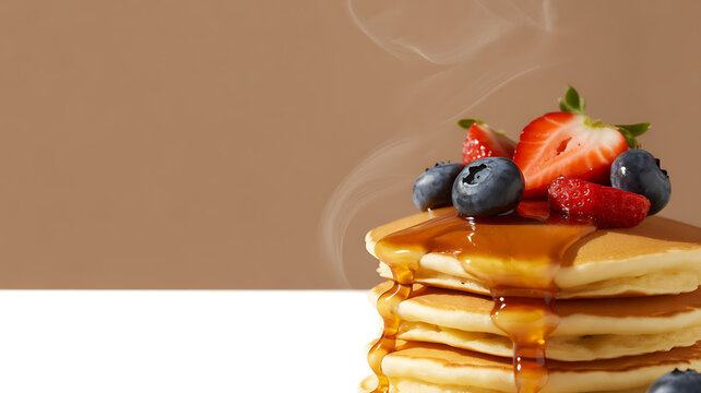 Stack of golden pancakes topped with fresh berries and syrup, steaming hot