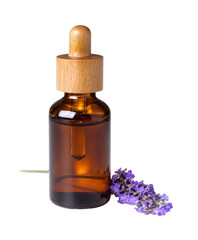 lavender essential oil bottle with flower on white background.