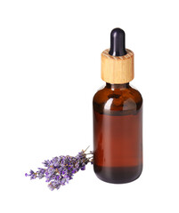 lavender essential oil bottle with flower on white background