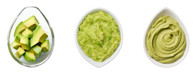 avocado preparation: cubed, crushed, and pureed