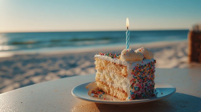 Celebrating a birthday with a slice of cake and a candle on a sunny beachside table with serene ocean view at sunset