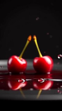 Cherries falling on glossy surface&mdash; juice droplets, slow motion impact, dark elegant lighting.